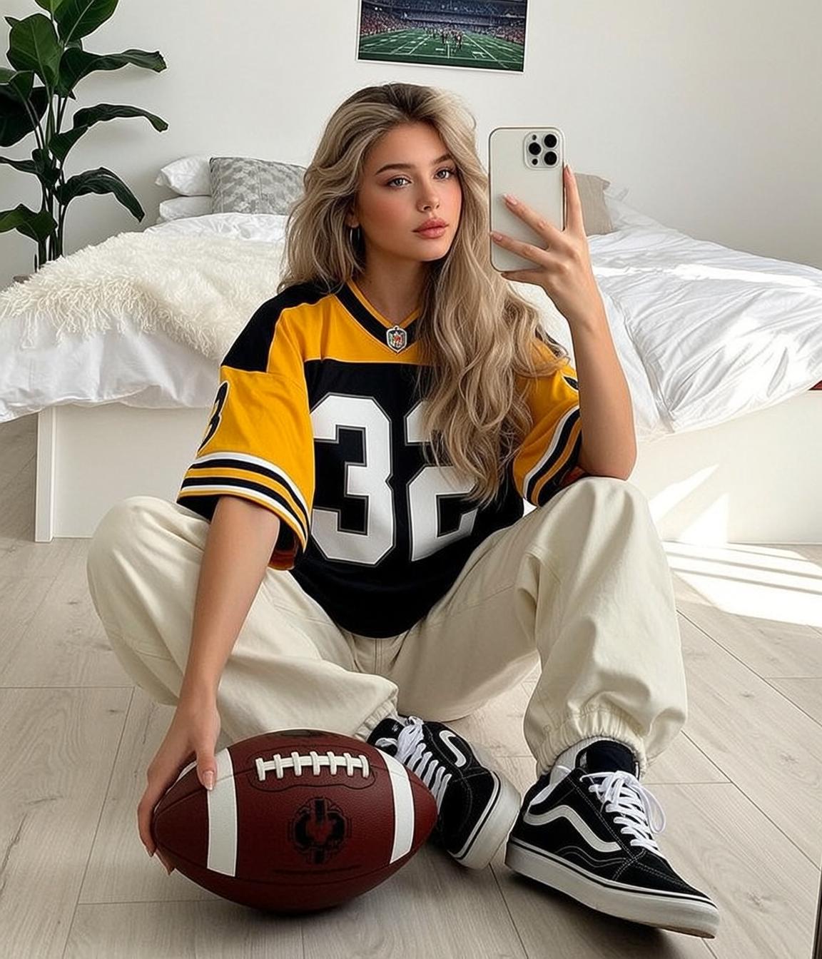 Blonde Woman Football Jersey Selfie Bedroom