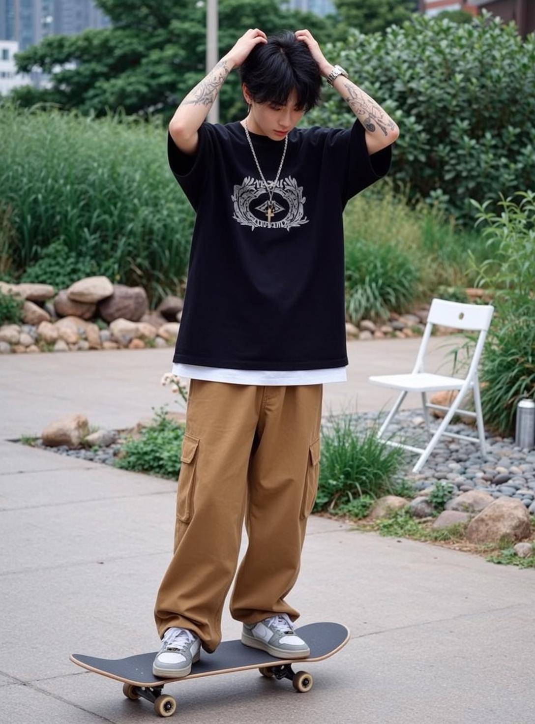 Skateboarder Thoughtful Park Tattoos Daylight