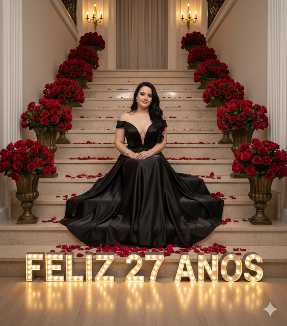 Retrato de uma mulher elegante no centro de uma escadaria, usando vestido longo de cetim preto, rodeada por rosas vermelhas e uma iluminação calorosa.