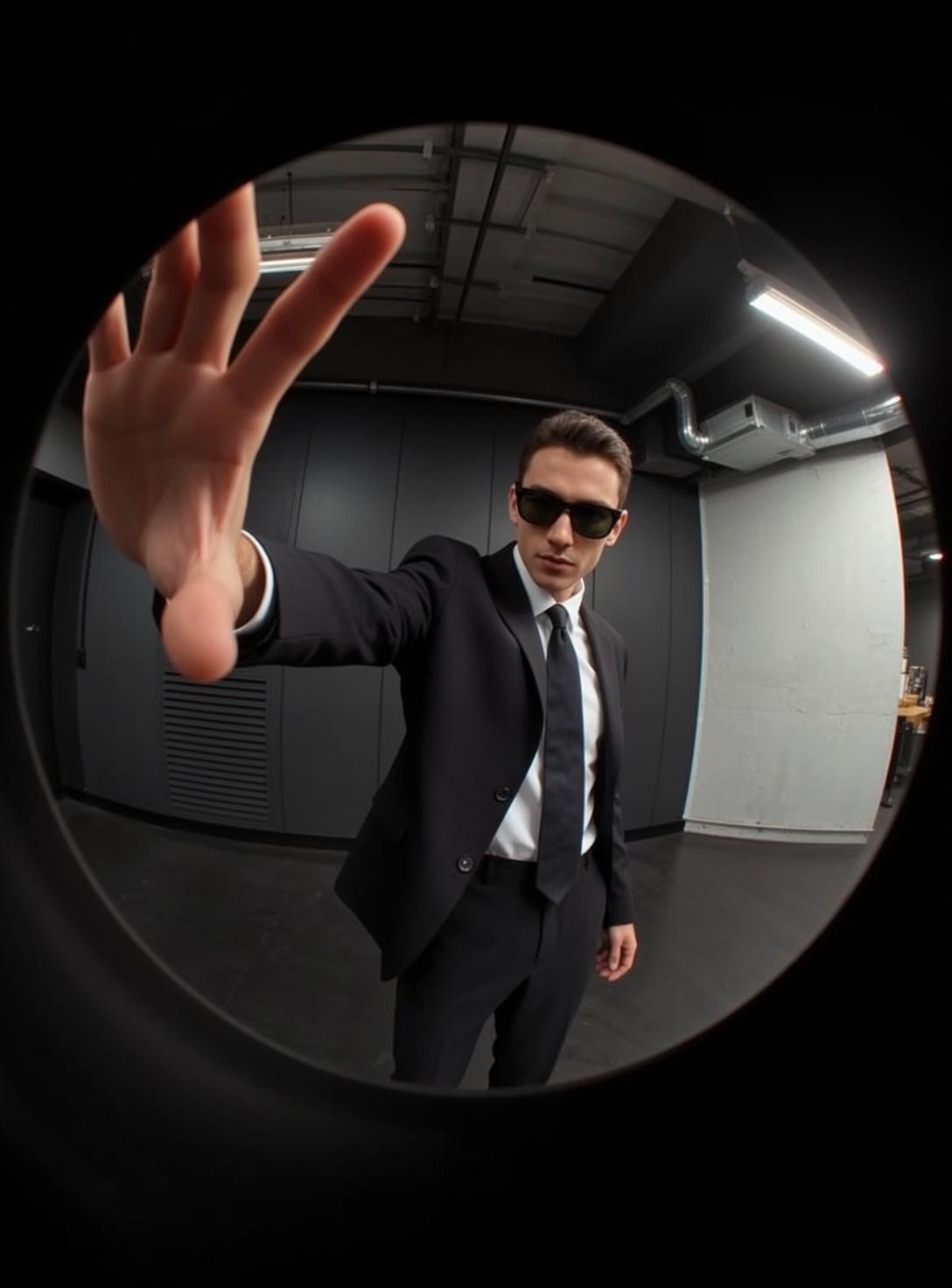 Fisheye Cinematic Man In Suit Reaching Out