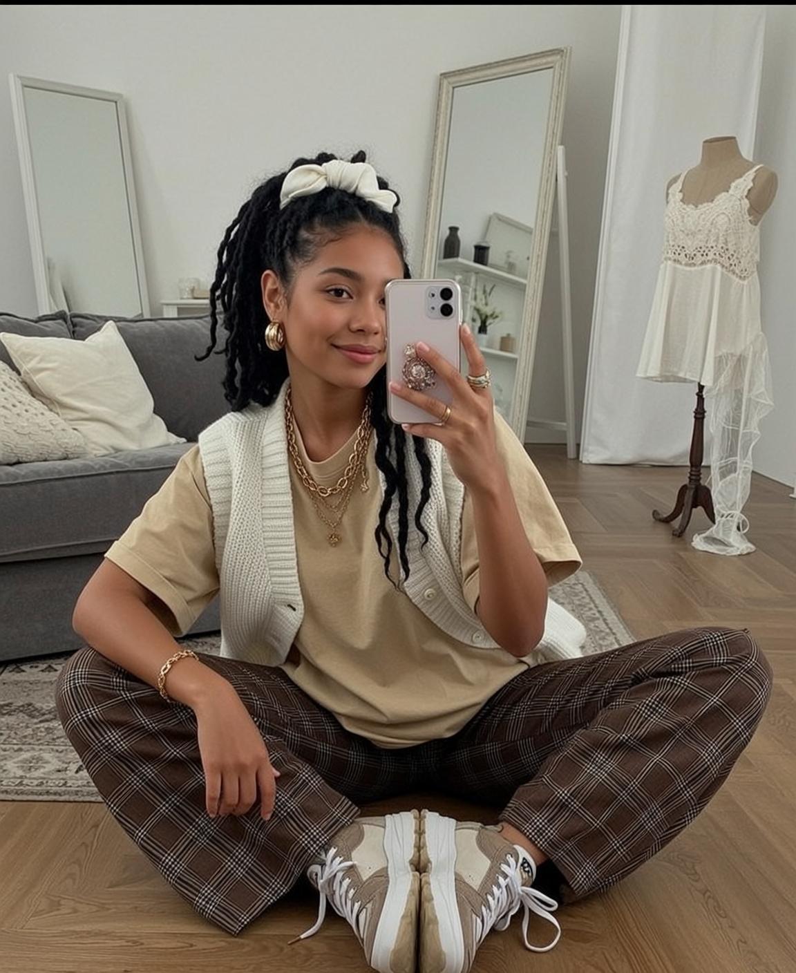 Casual Young Black Dreadlocks Pulled Ponytail White