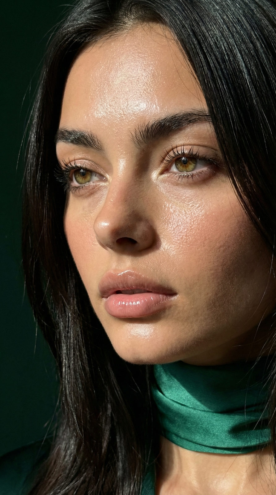 Ultra-realistic close-up of a woman's face with expressive eyes, emerald silk scarf, and vibrant skin under natural sunlight.