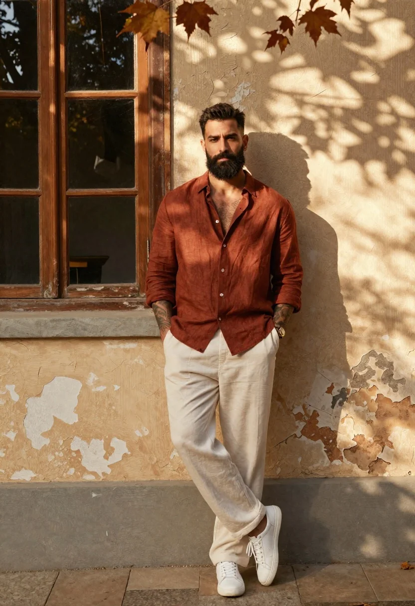Confident Man With Dark Beard Stands Leaning Against Weathered Beige