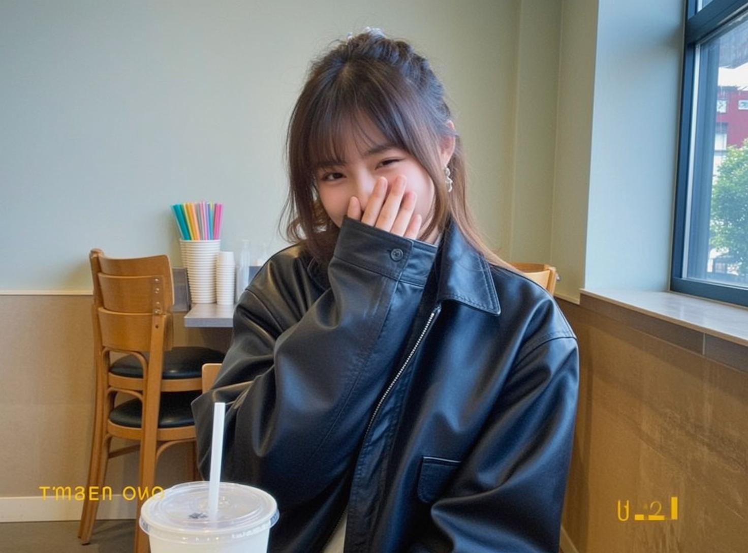 Young Woman Black Leather Jacket Playful Pose