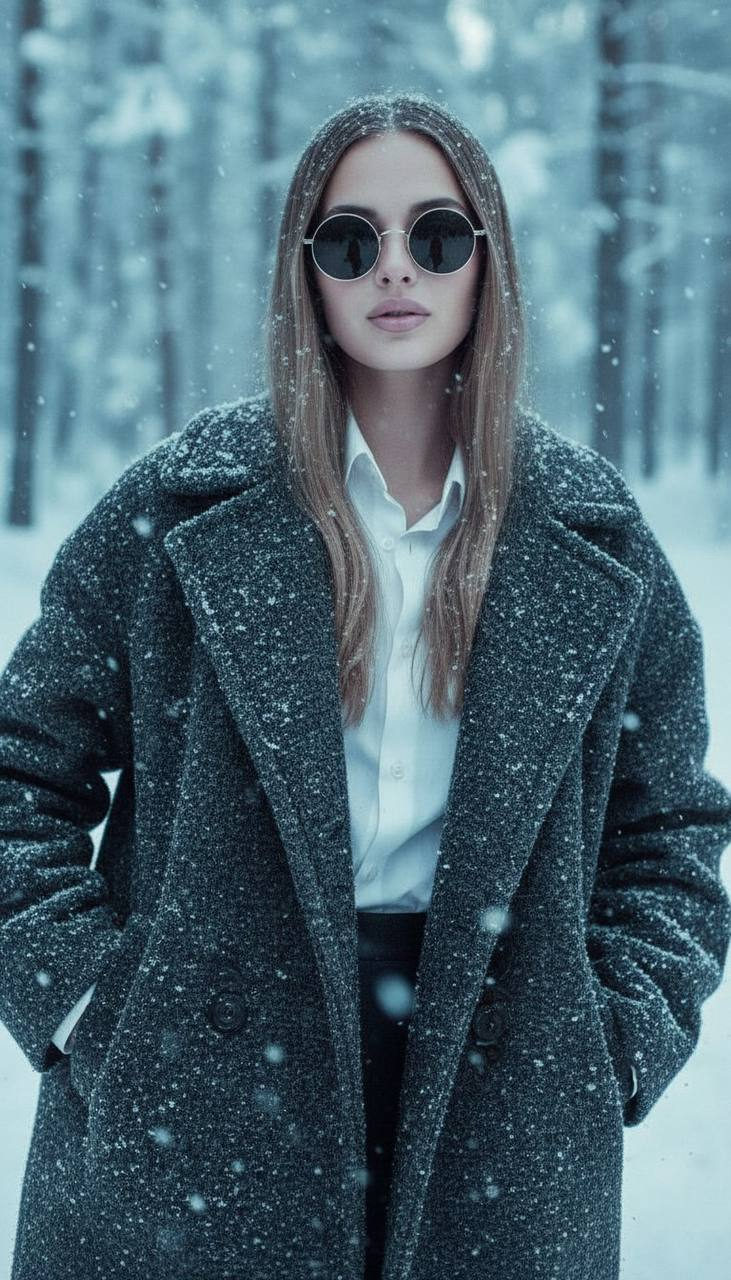 A winter portrait of a model in a snowy forest, wearing round sunglasses, a dark coat, and a white shirt, with gentle snowfall.