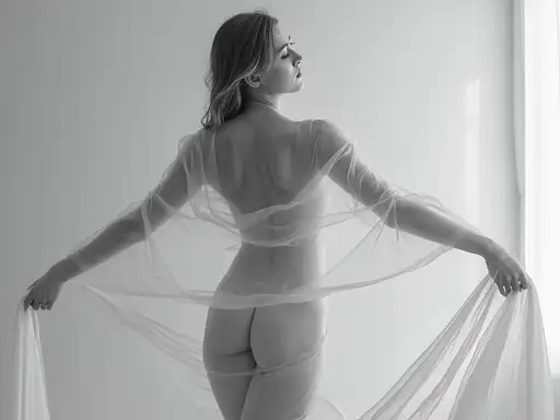A minimalist black-and-white photograph of a nude woman draped in sheer fabric, arms outstretched, exuding elegance.