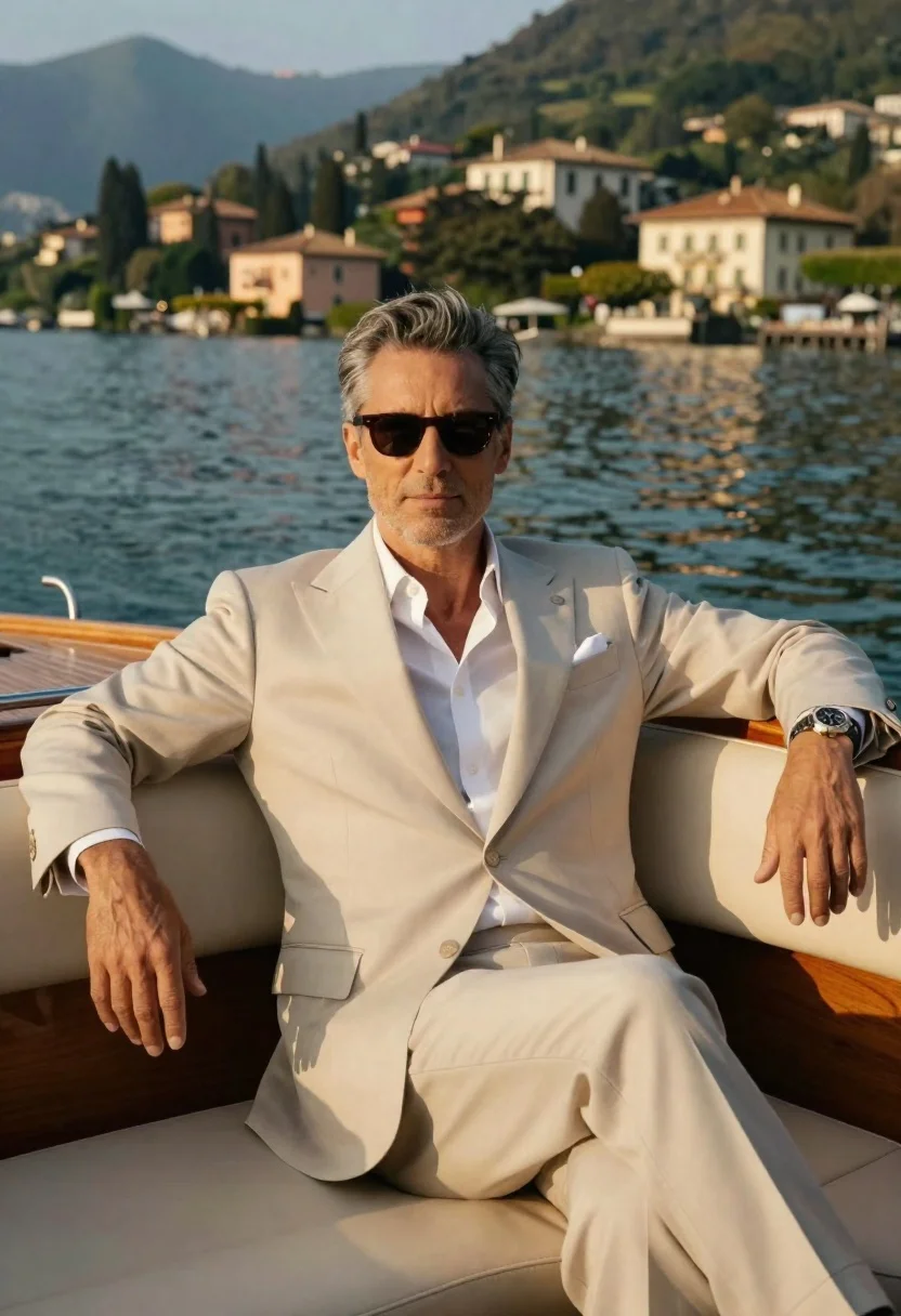 Sophisticated Portrait Middle-aged Man Elegant Beige Suit Lounging The Back reference photo