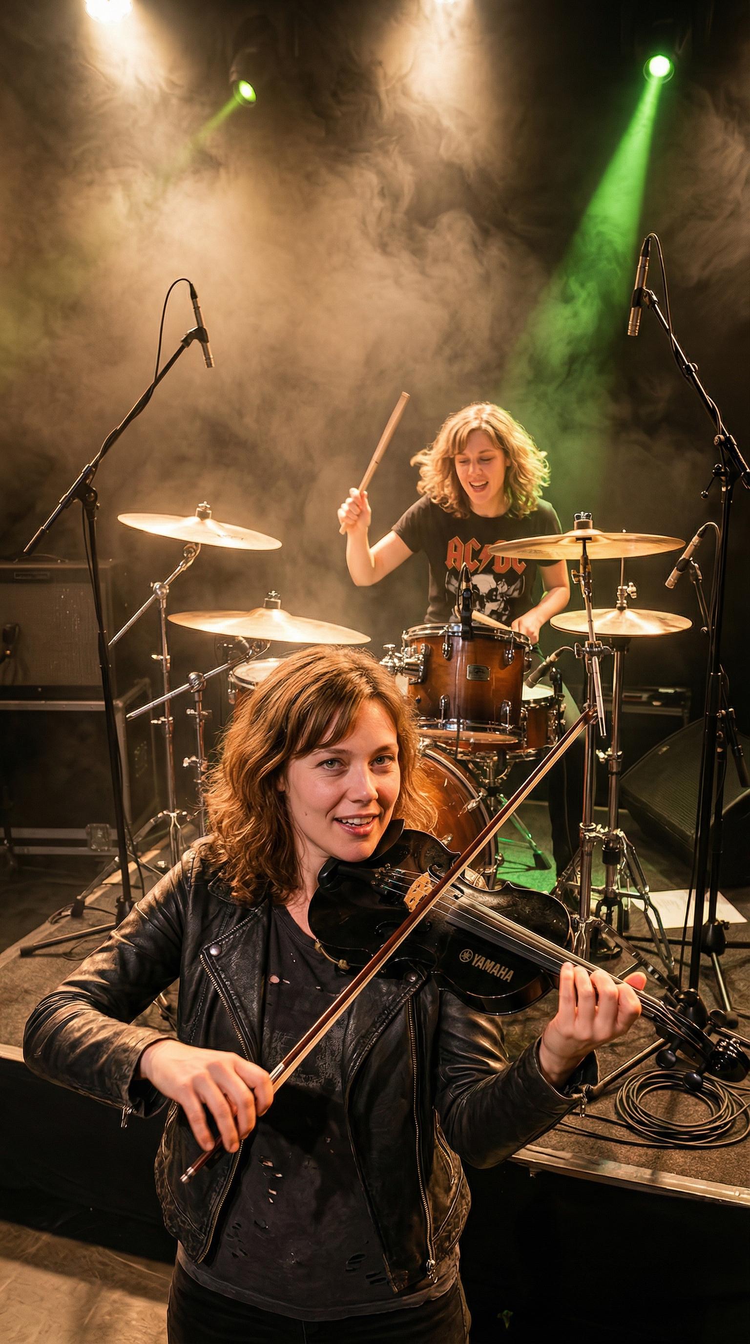 A dynamic rock concert scene featuring a female violinist in the foreground and a drummer in the background. Warm stage lights illuminate their figures.