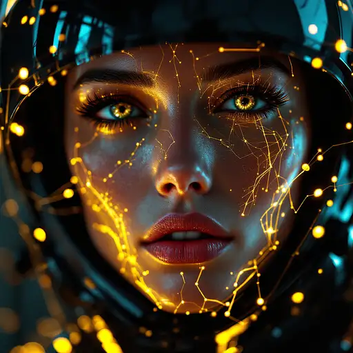 A man wearing a shiny black cyberpunk helmet with robotic features, reflecting glowing golden wires on his face.