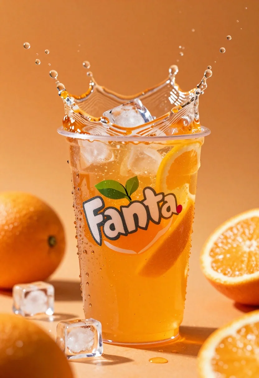 Refreshing Glass Orange Soda Splashing With Ice Cubes And Citrus