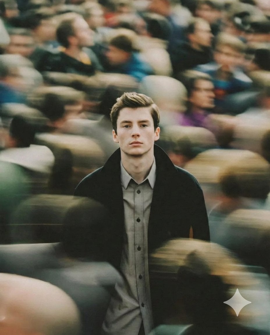 Cinematic Portrait Young Man Urban Crowd Motion Blur
