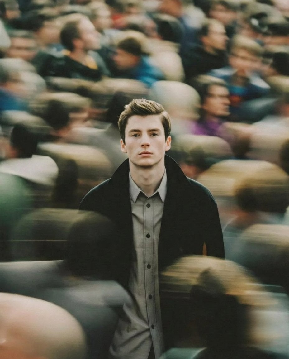 Cinematic portrait of a young man standing still in a busy urban crowd, with motion blur surrounding him.