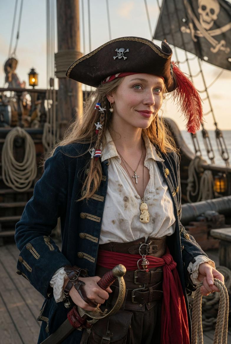 Pirate On Ship Deck Sunset Tricorn Hat Red Feather