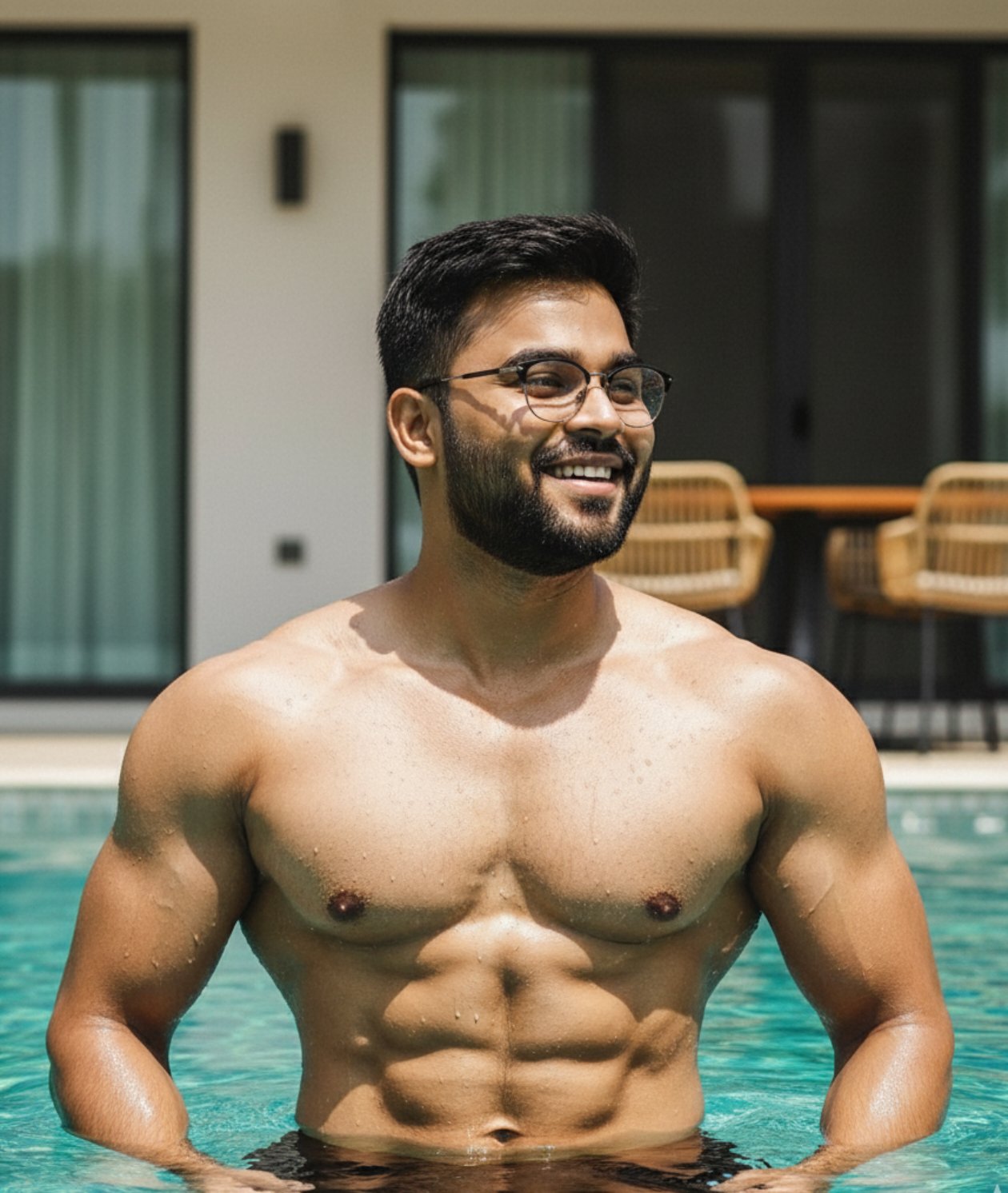 A muscular man smiling while standing in a swimming pool, glistening with sunlight on his defined physique.