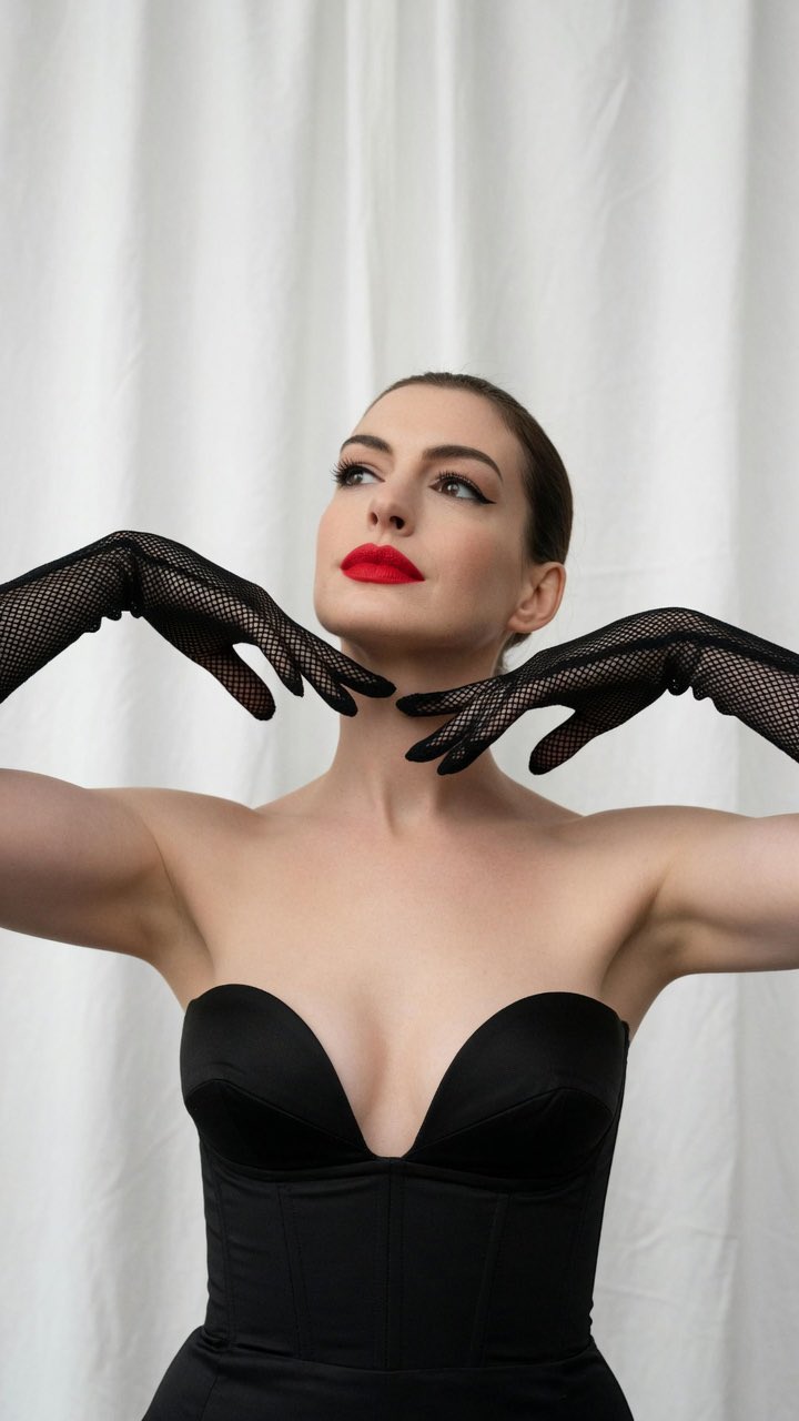 Black Corset Fishnet Gloves Red Lipstick