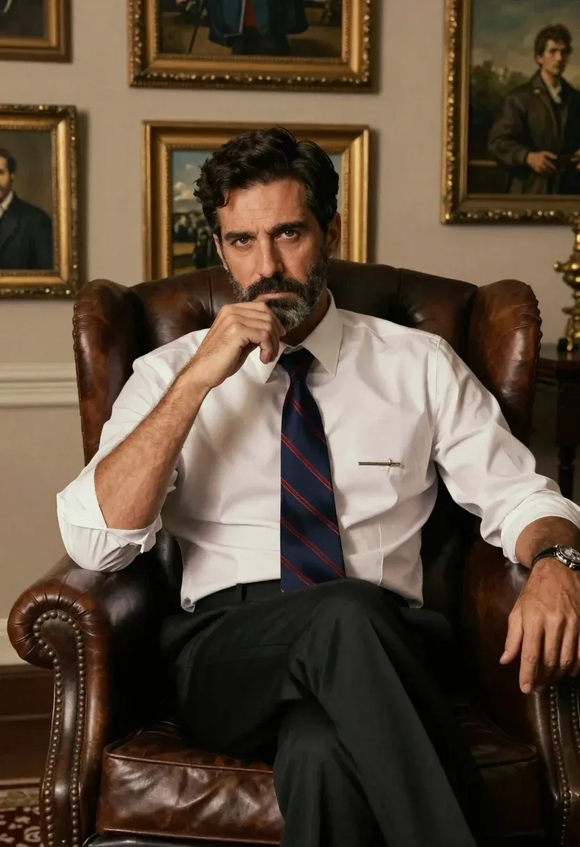Cinematic Portrait Man Seated Plush Leather Armchair Within Elegant Room