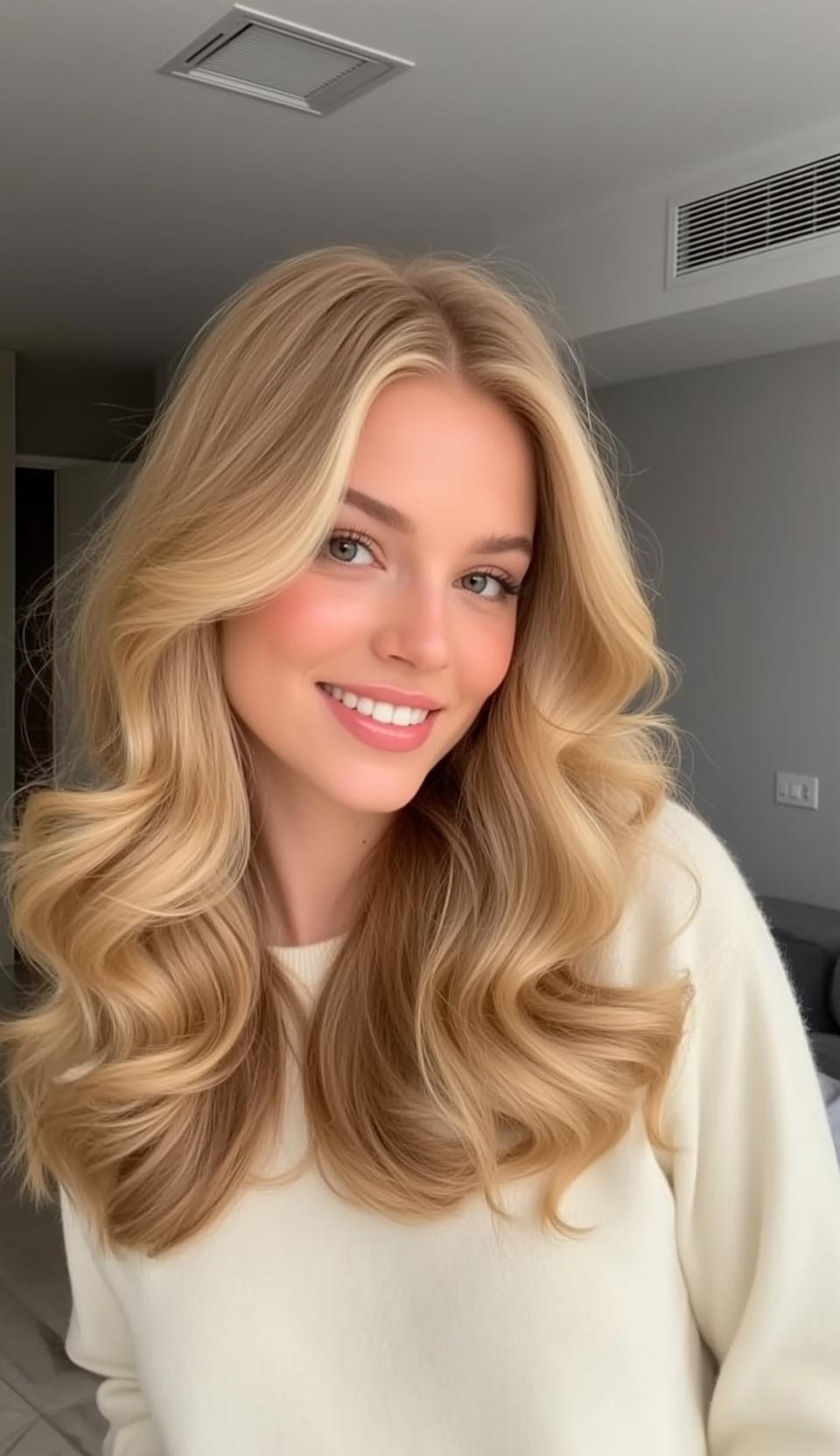 Blonde Woman Smiling Cream Sweater Indoor