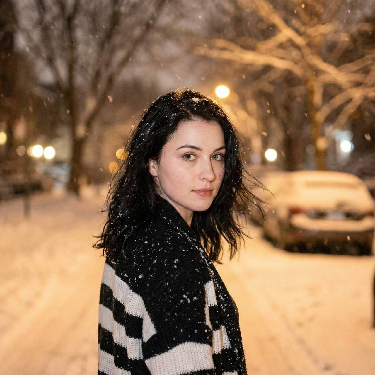A woman in a knit cardigan stands on a snowy street at night, looking over her shoulder with soft streetlight glow and snow falling around her.