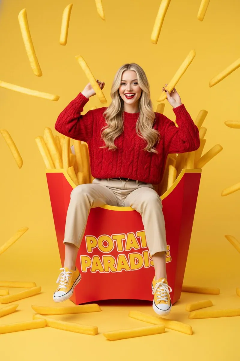 Prompt Young Western Woman With Long Blonde Hair Sitting Playfully