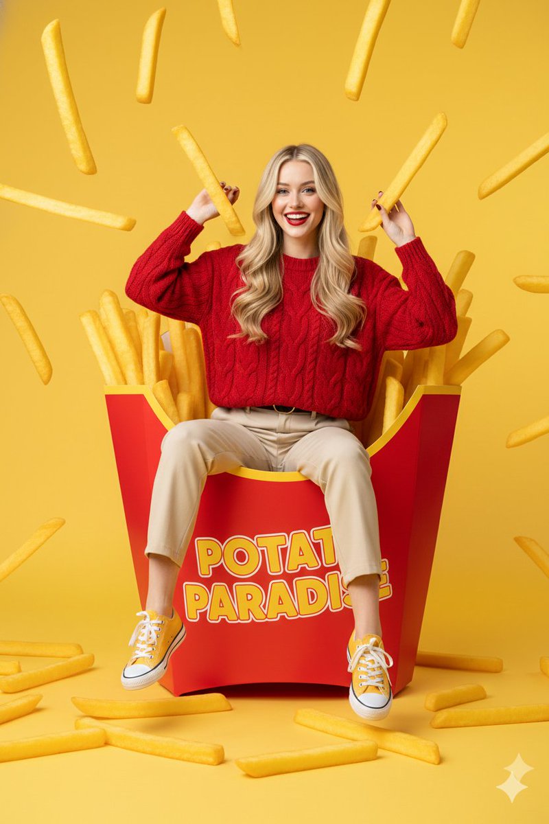 A cheerful young western woman with long blonde hair seated playfully inside a giant red french fry carton against a bright yellow backdrop.
