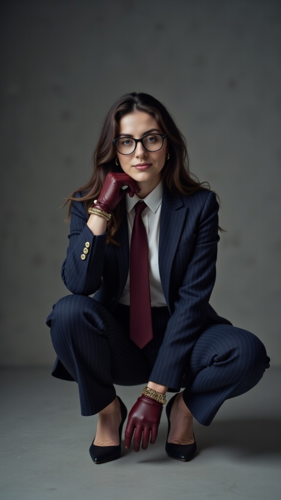 A glamorous woman, Maya Sikand, crouching low in a stylish oversized suit on a light gray seamless floor, with a dark gradient backdrop and confident expression.