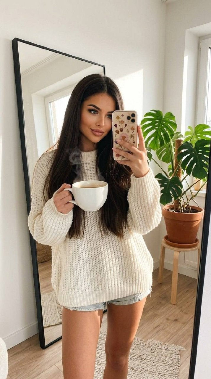 A girl in a cozy cream sweater takes a selfie in a floor mirror, coffee mug in hand, with a monstera plant in the background.