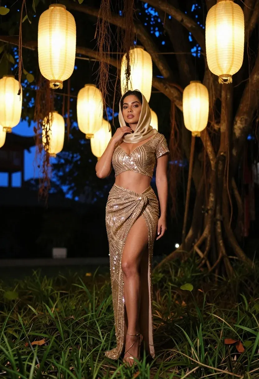 Woman Stands Lush Garden Night Surrounded Hanging Paper Lanterns And