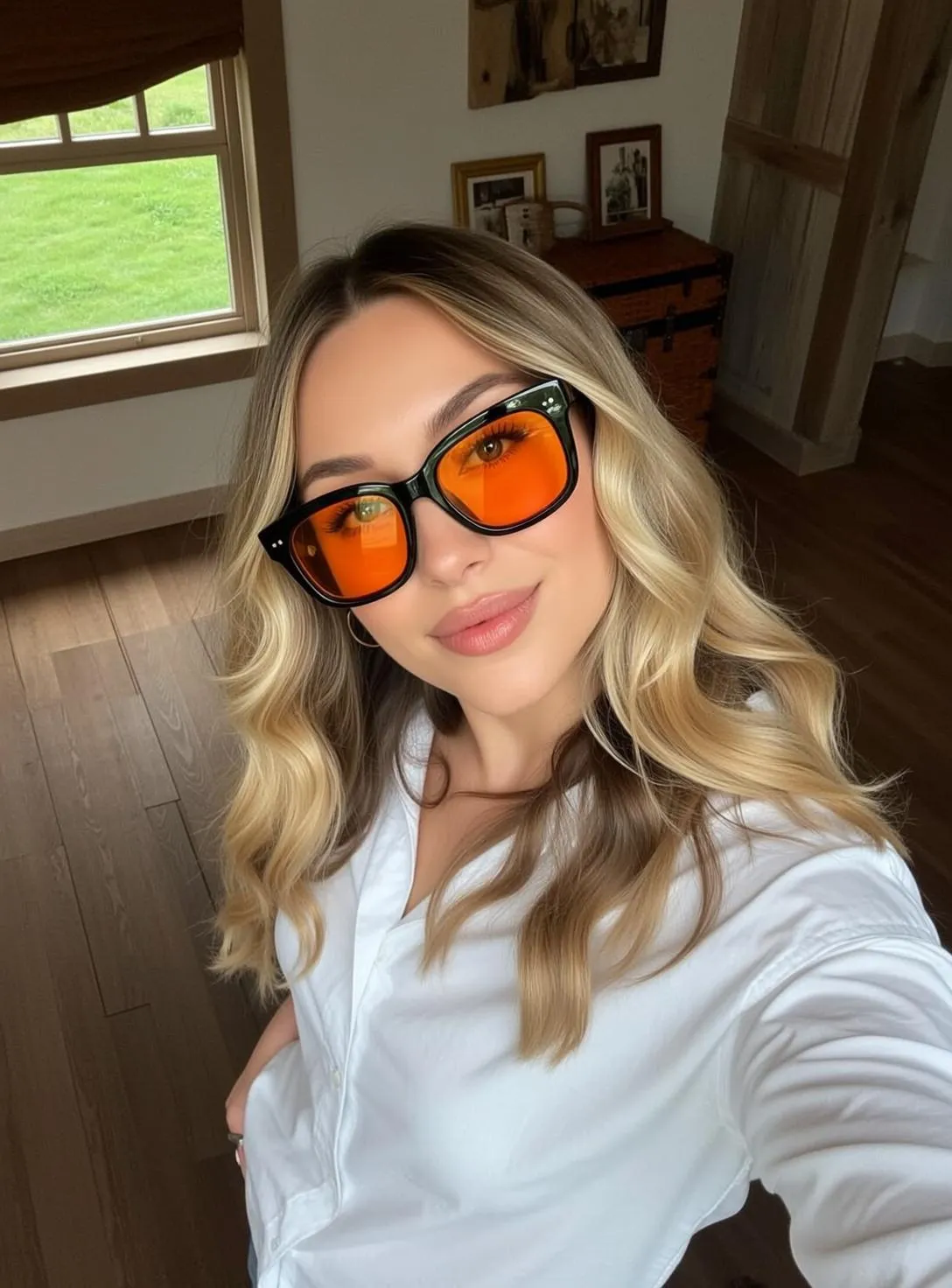 Sunglasses And Makeup And Earrings With White Shirt
