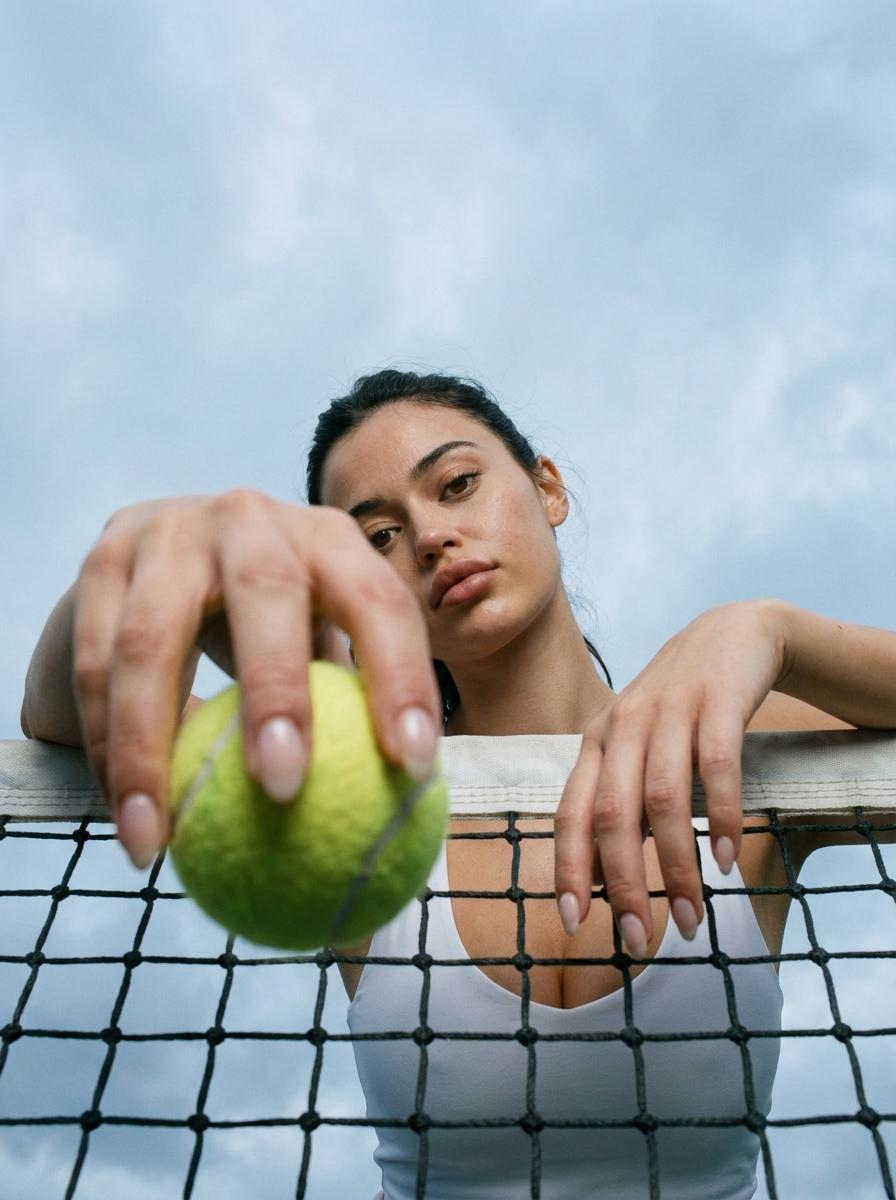 Tennis Player Leaning Over Net Upward View