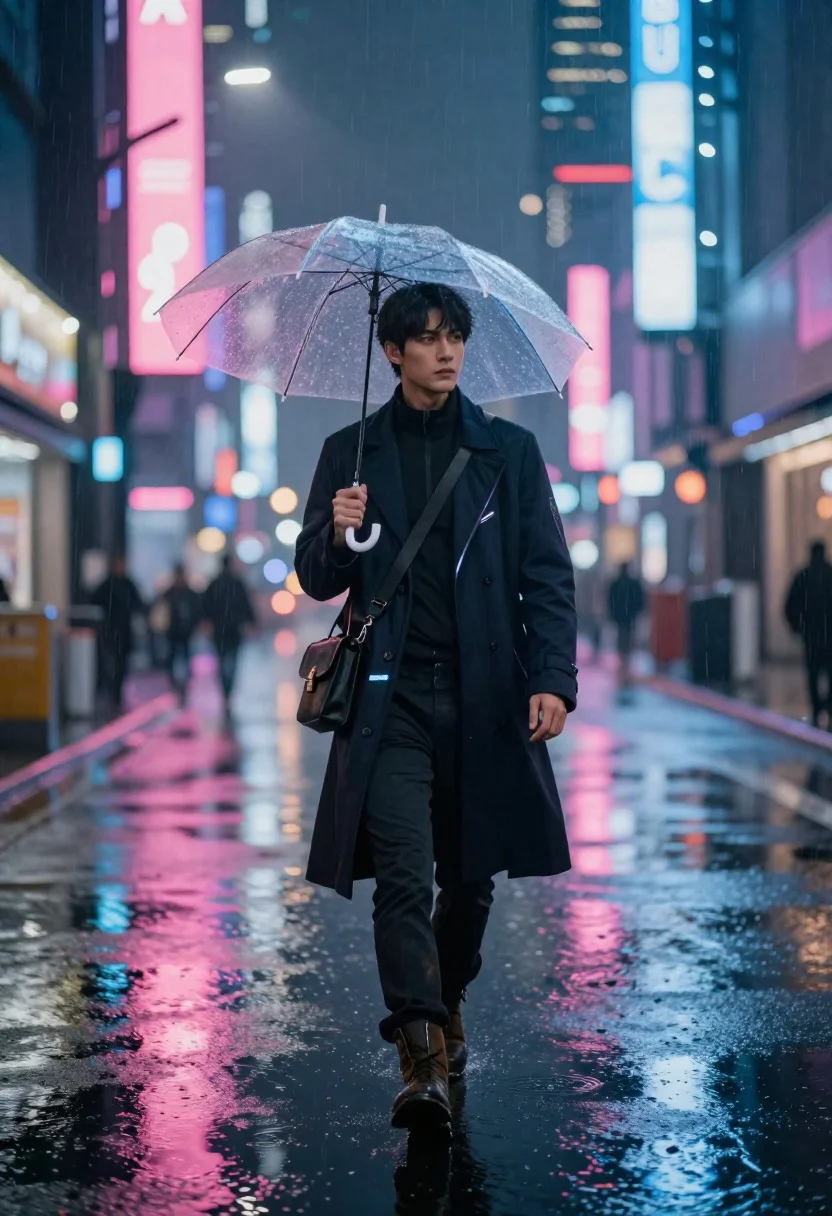 Portrait Lone Futuristic Traveler Crossing Rain-soaked Neon Street Midnight Subject reference photo