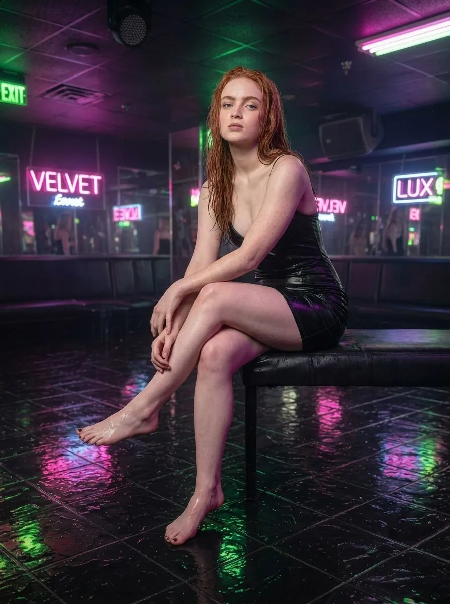 Wet Red Hair Nightclub Slip Dress Neon Lights