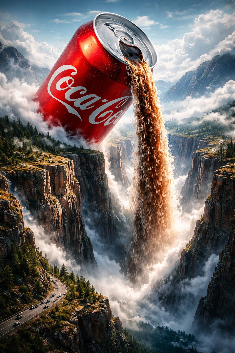 A giant coke can pours cola like a waterfall into a deep, misty canyon, surrounded by tiny trees and roads for scale.
