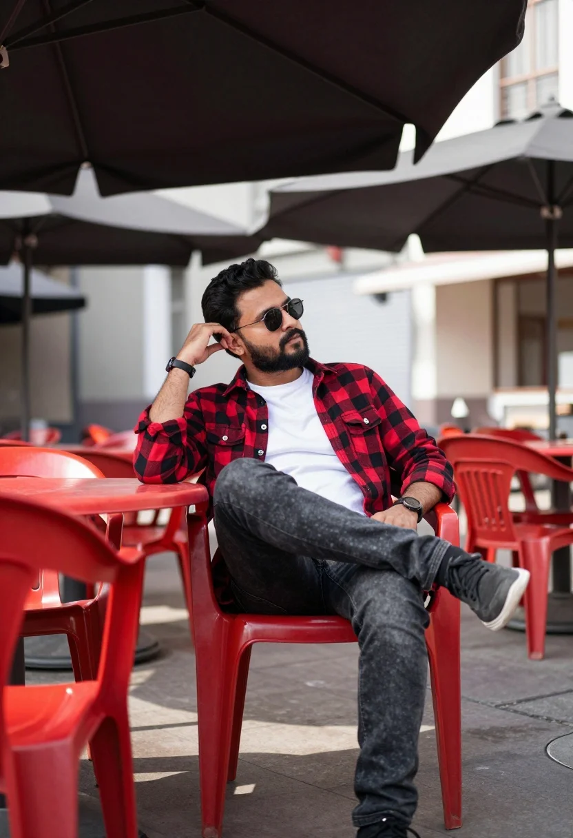 A man sits casually on a red plastic chair at an outdoor cafe under large umbrellas. Natural light enhances the vibrant surroundings.