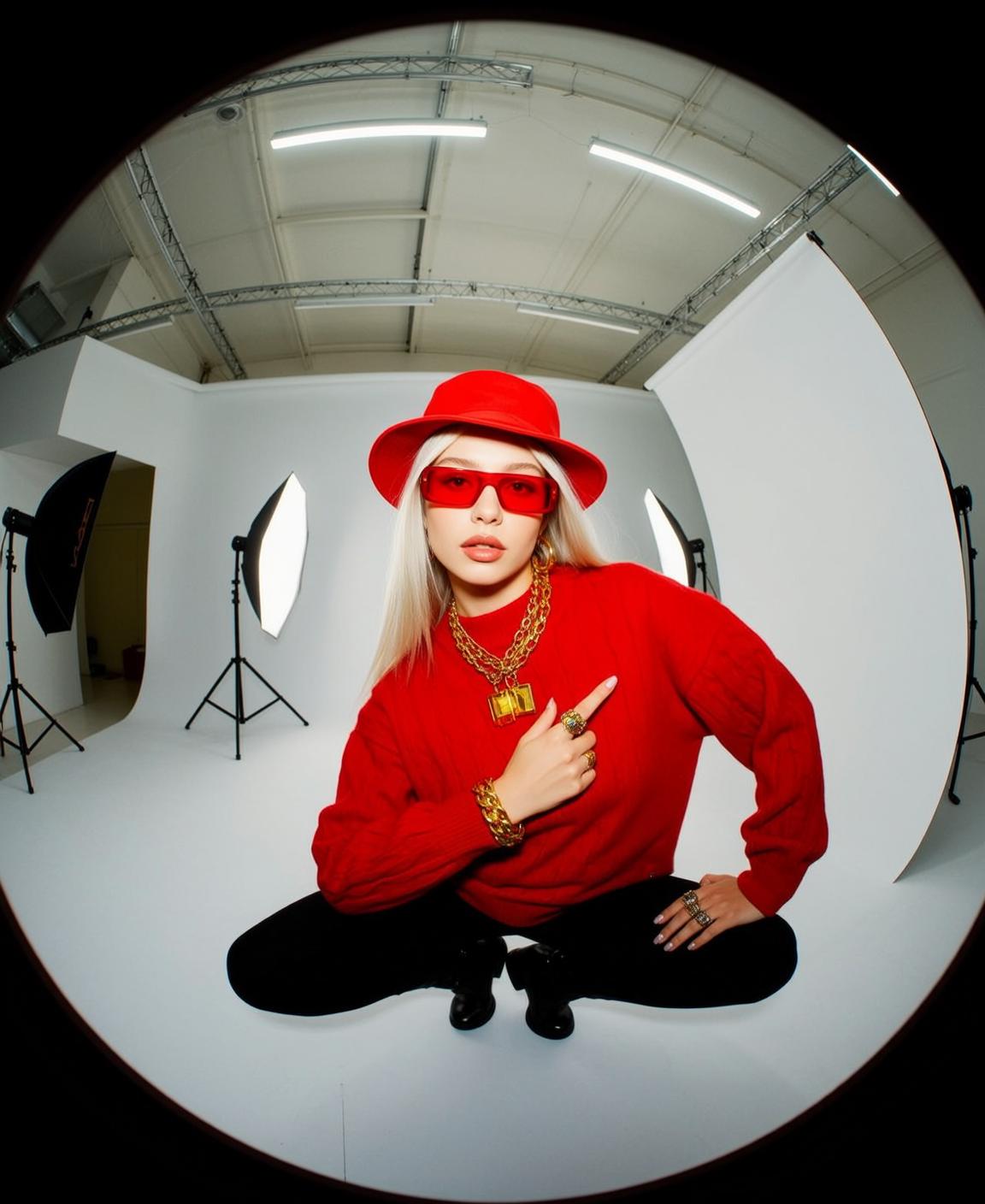 Red Sweater Hat Crouch Pose
