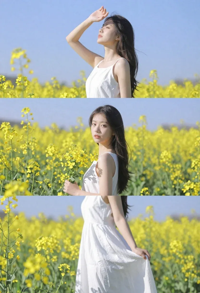 Woman Stands Field Yellow Flowers Under Clear Blue Sky Subject