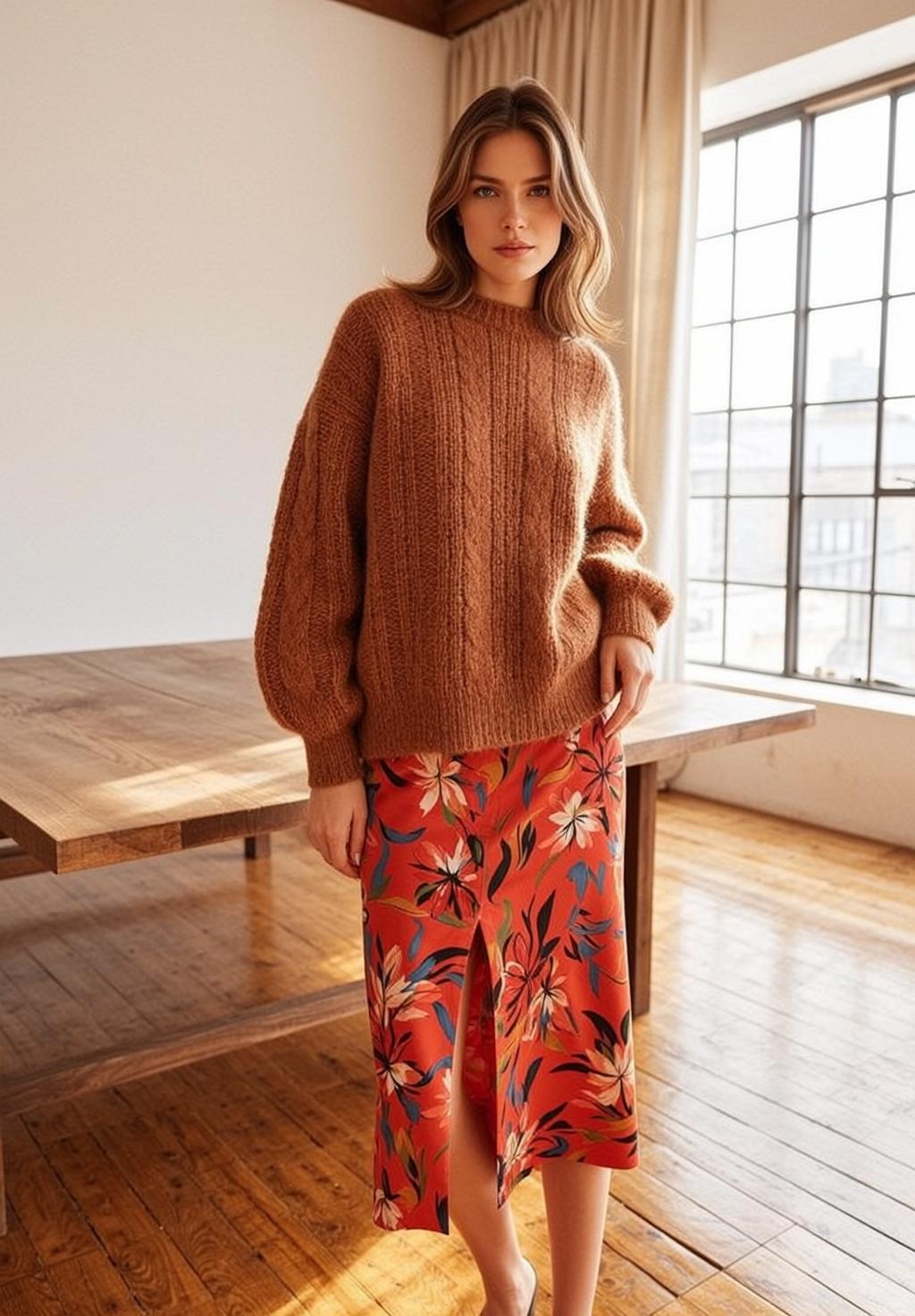 Brown Sweater Floral Skirt