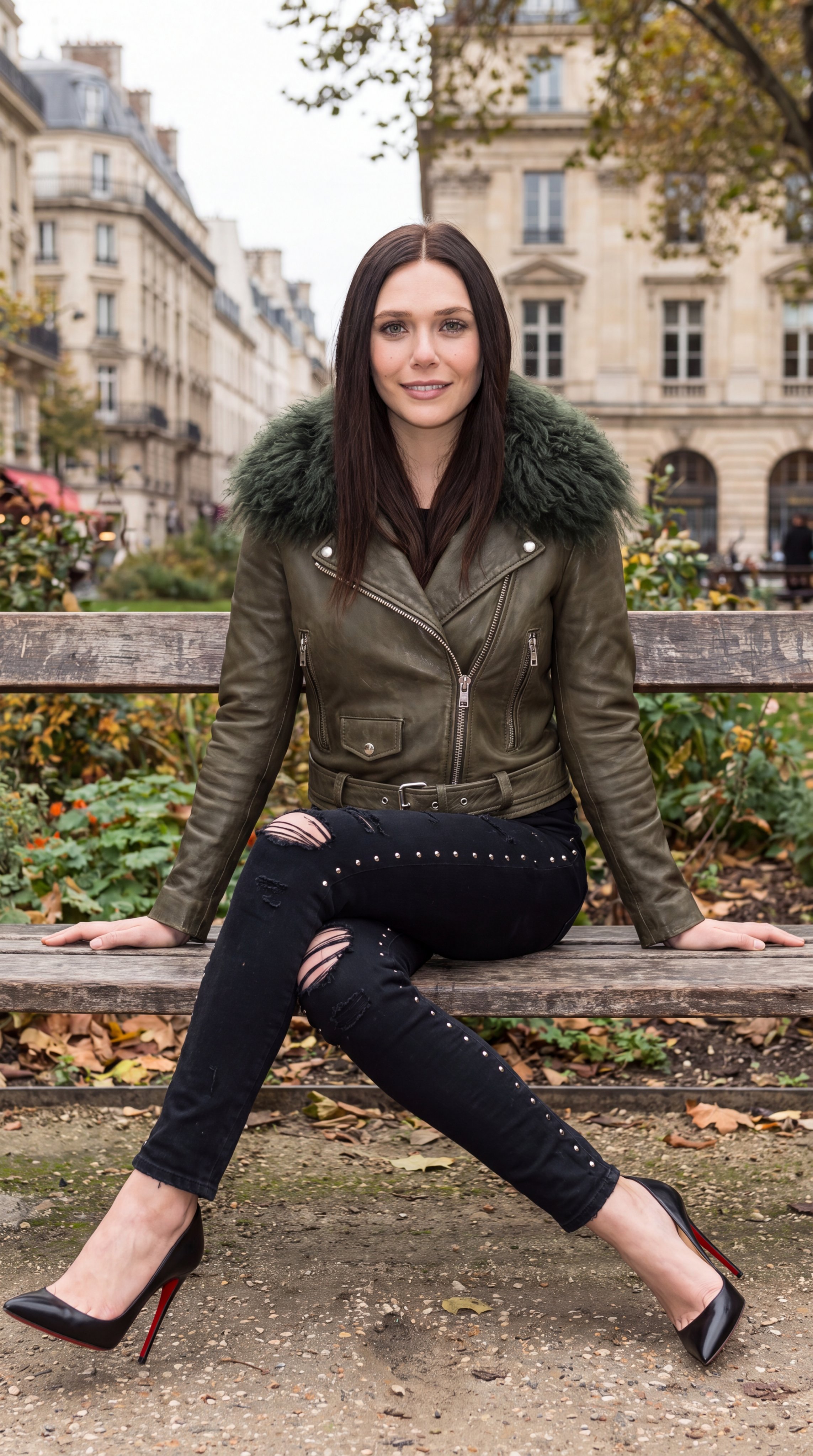 Paris Park Autumn Woman Leather Jacket Red Sole Heels