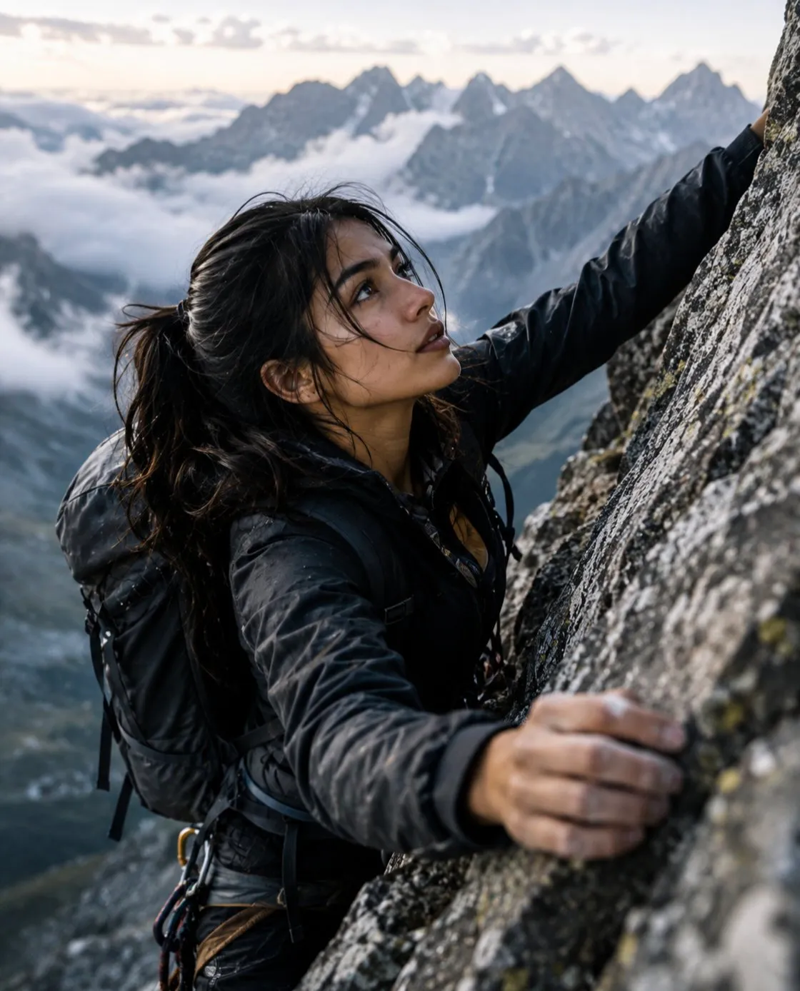 Determined Mountaineer Scaling Steep Rock Face Dramatic Mountains
