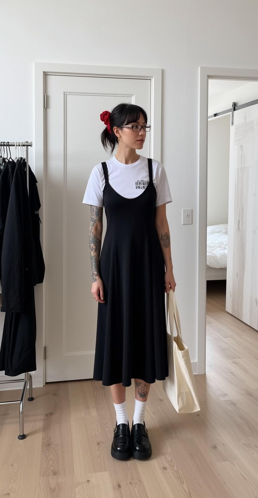 Black Shirt Ponytail Indoors Standing