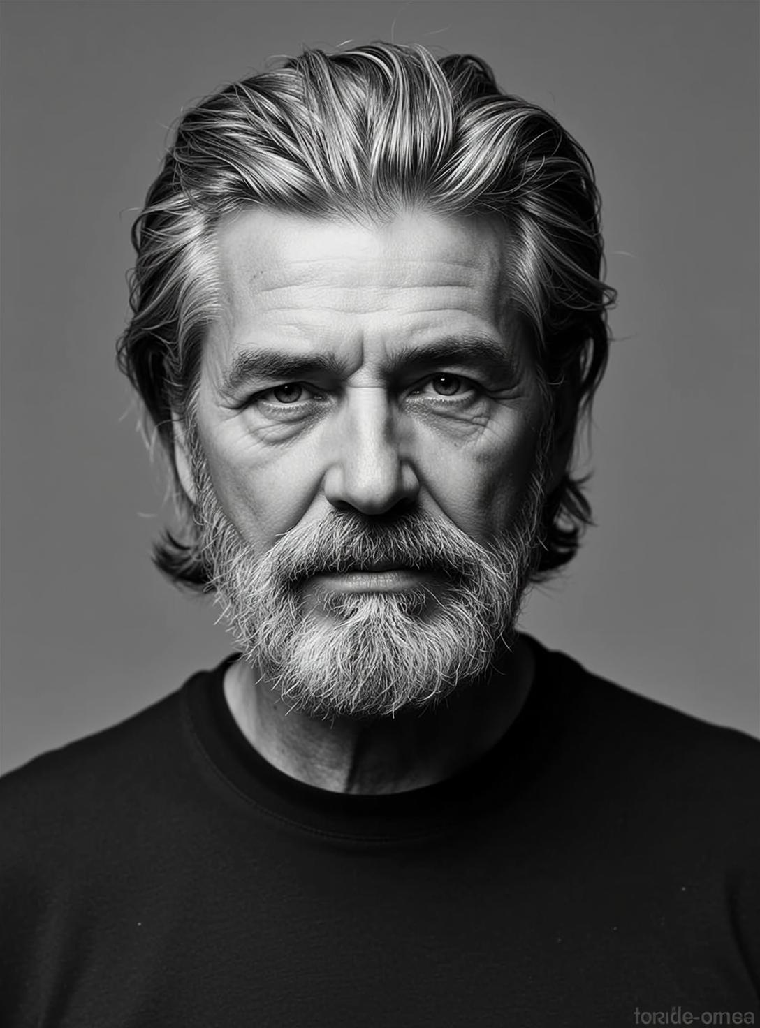 Photorealistic Black And White Headshot Portrait Older Man With Weathered