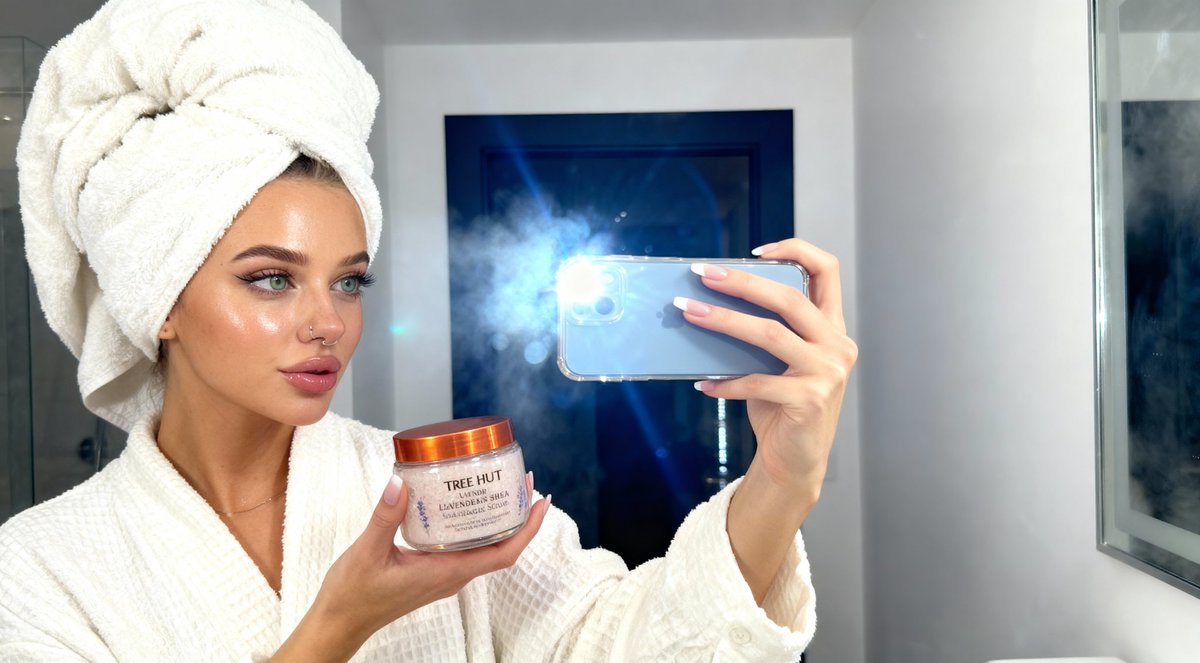A young woman with glowing skin taking a selfie in a modern bathroom with dewy complexion and a light green-eyed gaze