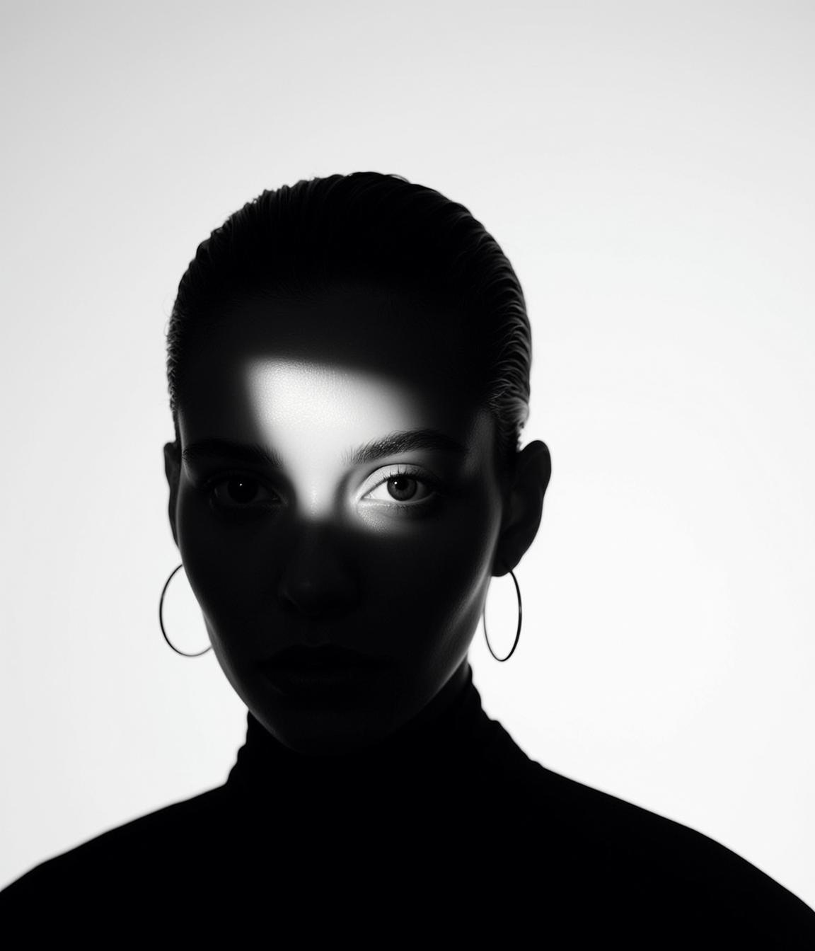 Striking High-contrast Black And White Medium Shot Portrait Young Woman