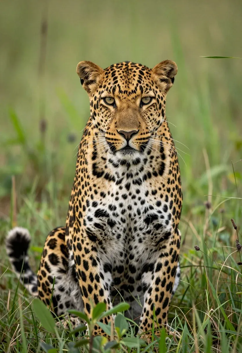 Majestic Leopard Sits Alert Tall Green Grass Its Golden Eyes