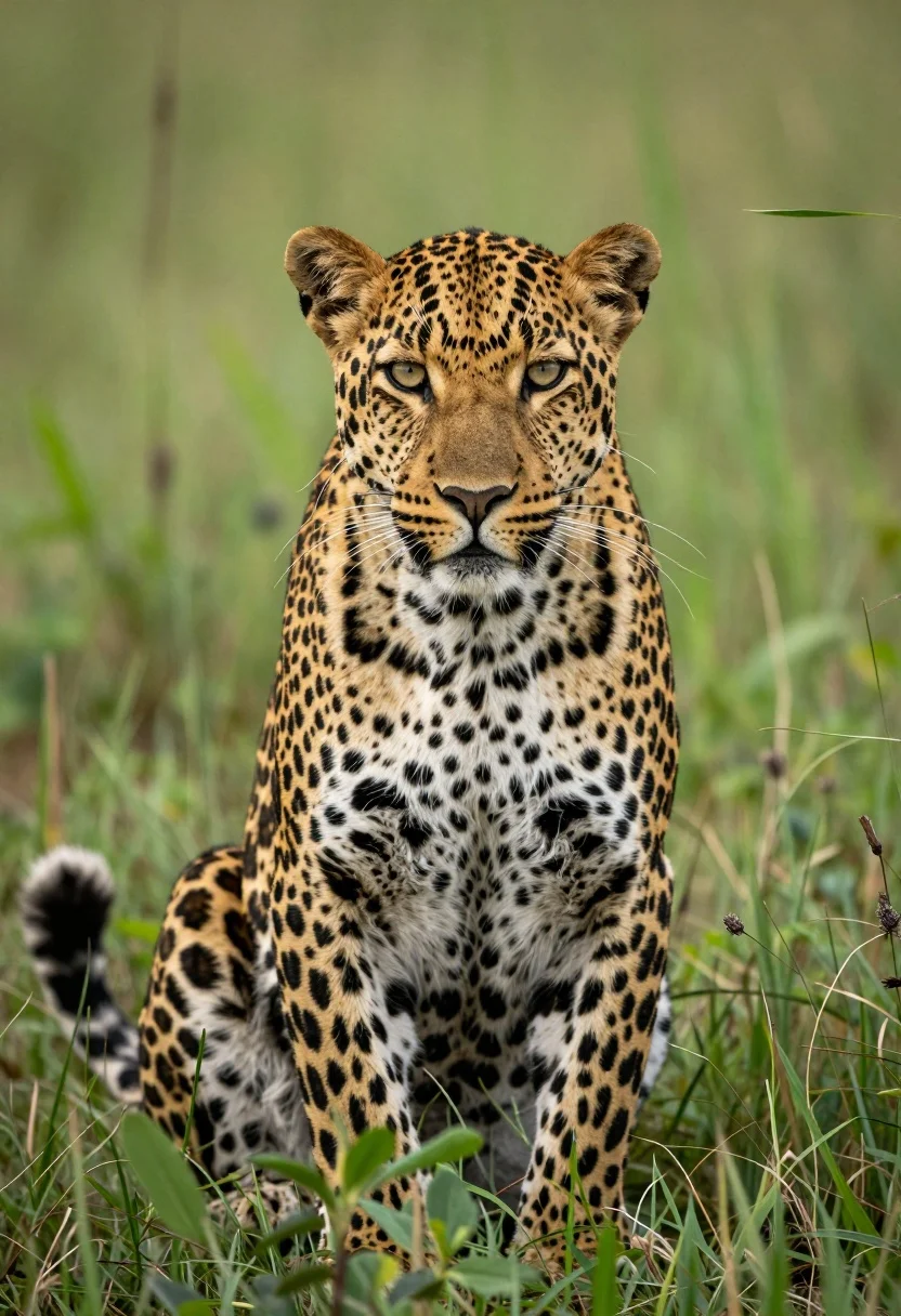 Majestic leopard with golden eyes sitting alert in lush green grass, showcasing detailed fur texture and vibrant colors.
