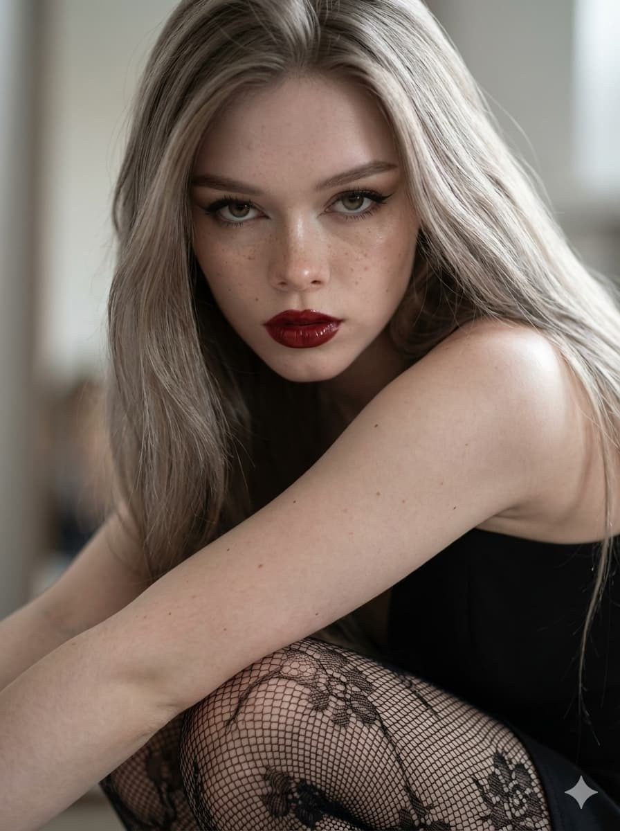 An ultra-realistic portrait of a woman in an all-black outfit with floral-patterned fishnet stockings, striking a confident pose.
