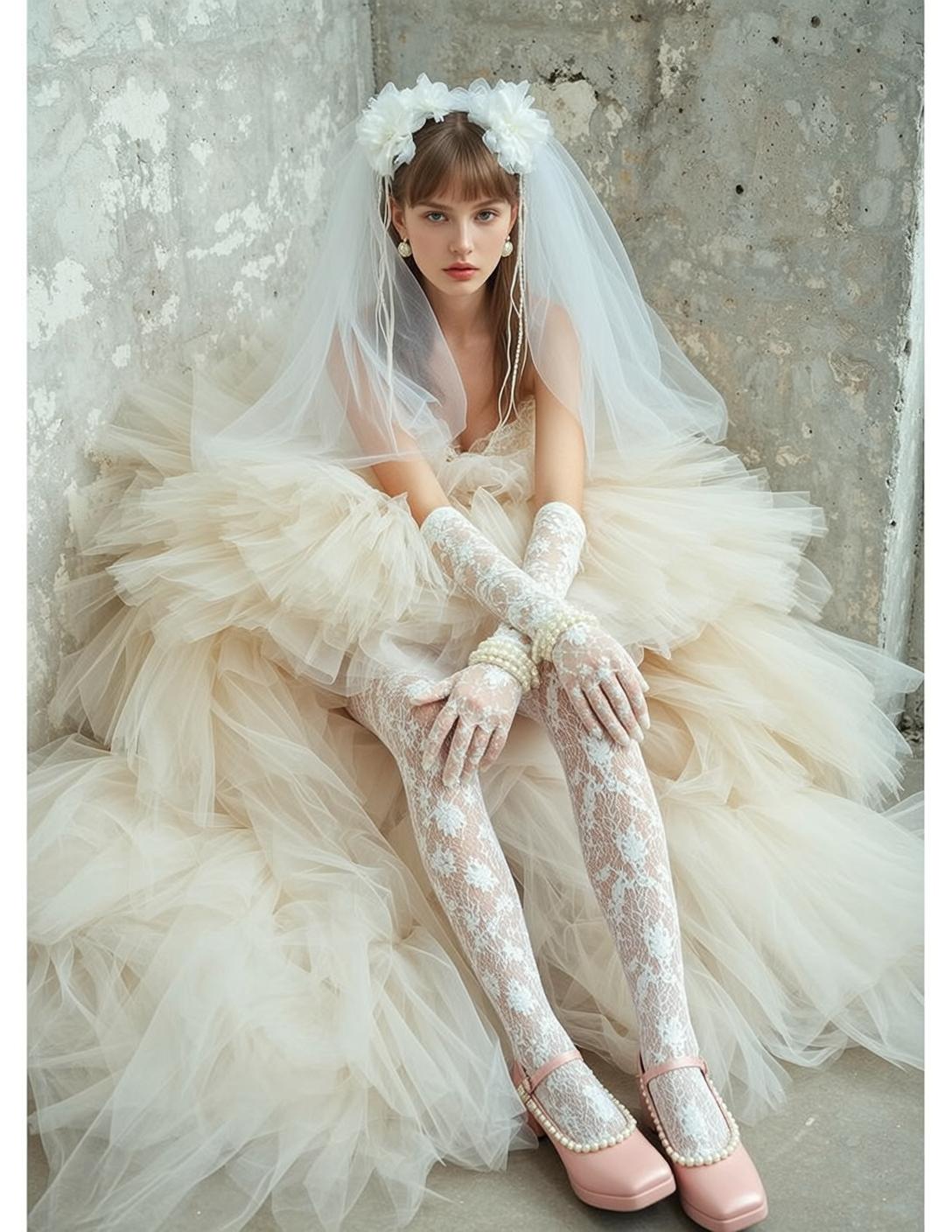 Cream Bridal Dress Concrete Wall