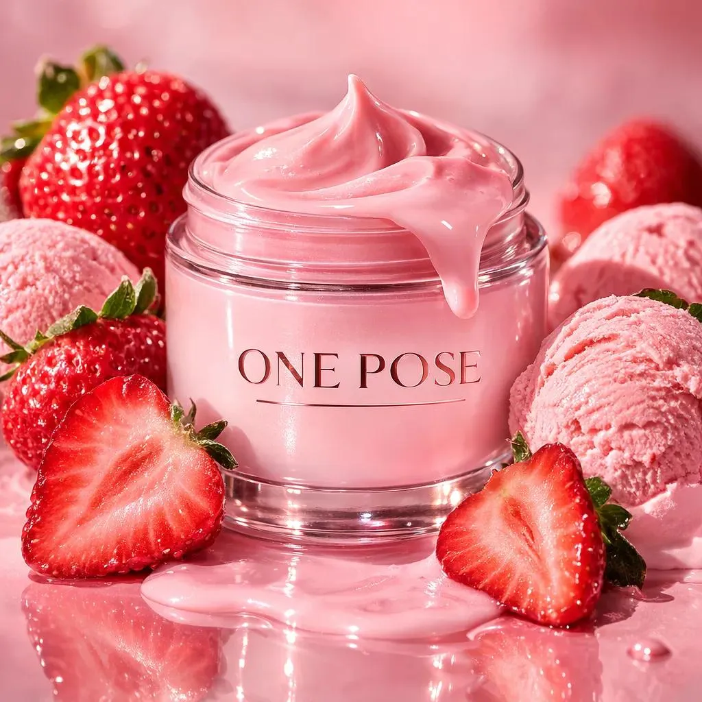 Luxury Skincare Product With Strawberries And Ice Cream