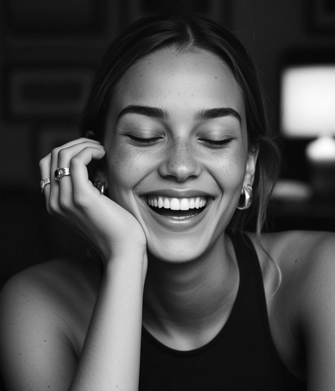 Black And White Medium Close-up Portrait Young Woman With Her