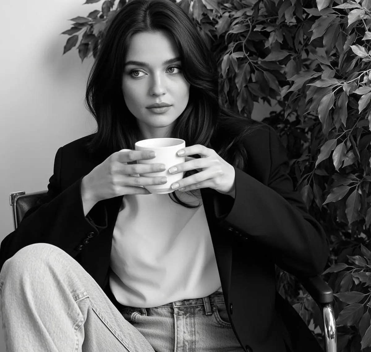 Explore Seated Chair Holding White Ceramic Mug