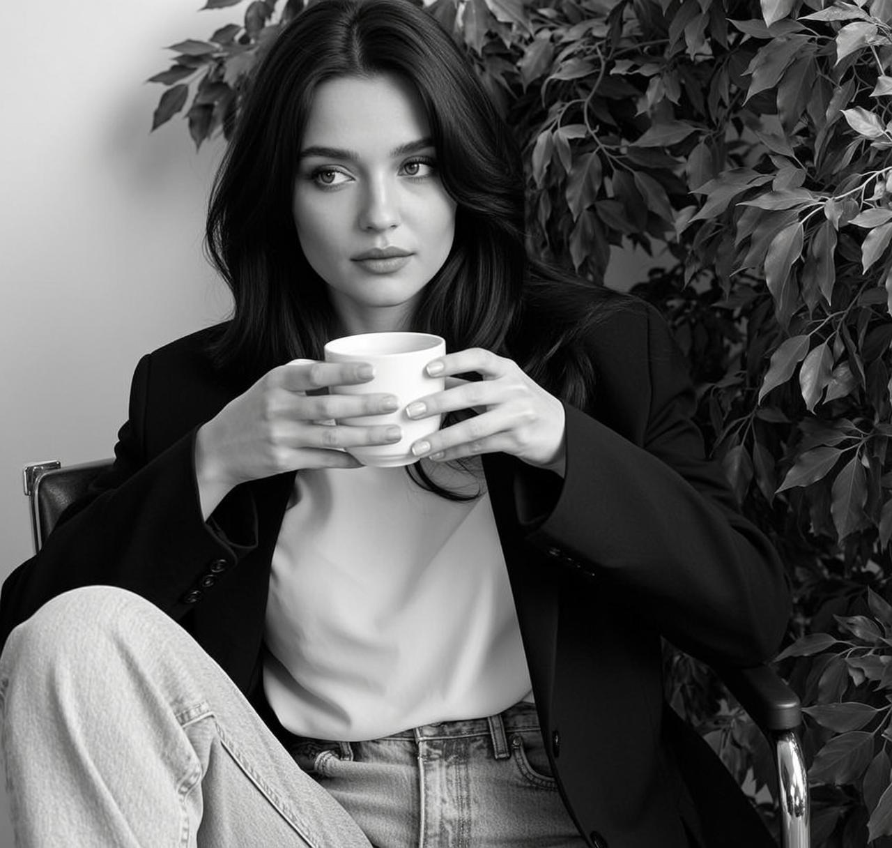 Explore Seated Chair Holding White Ceramic Mug